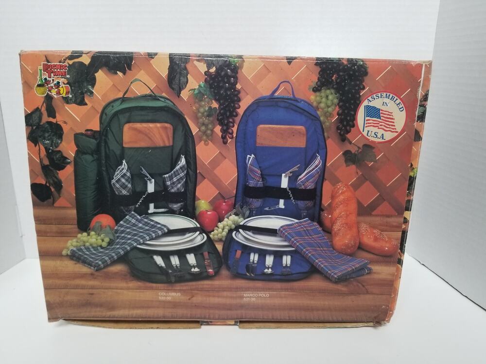 Vintage 2 Person Picnic Backpack Kit Insulated Cooler Utensil Glasses Plates New